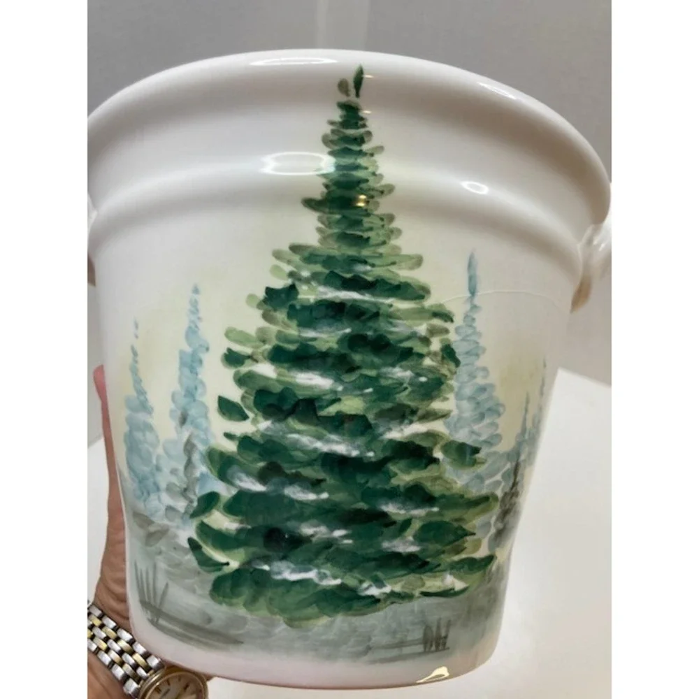 Maxcera Christmas Evergreen Tree Ceramic Bucket with‎ Wood Handle 6 inch